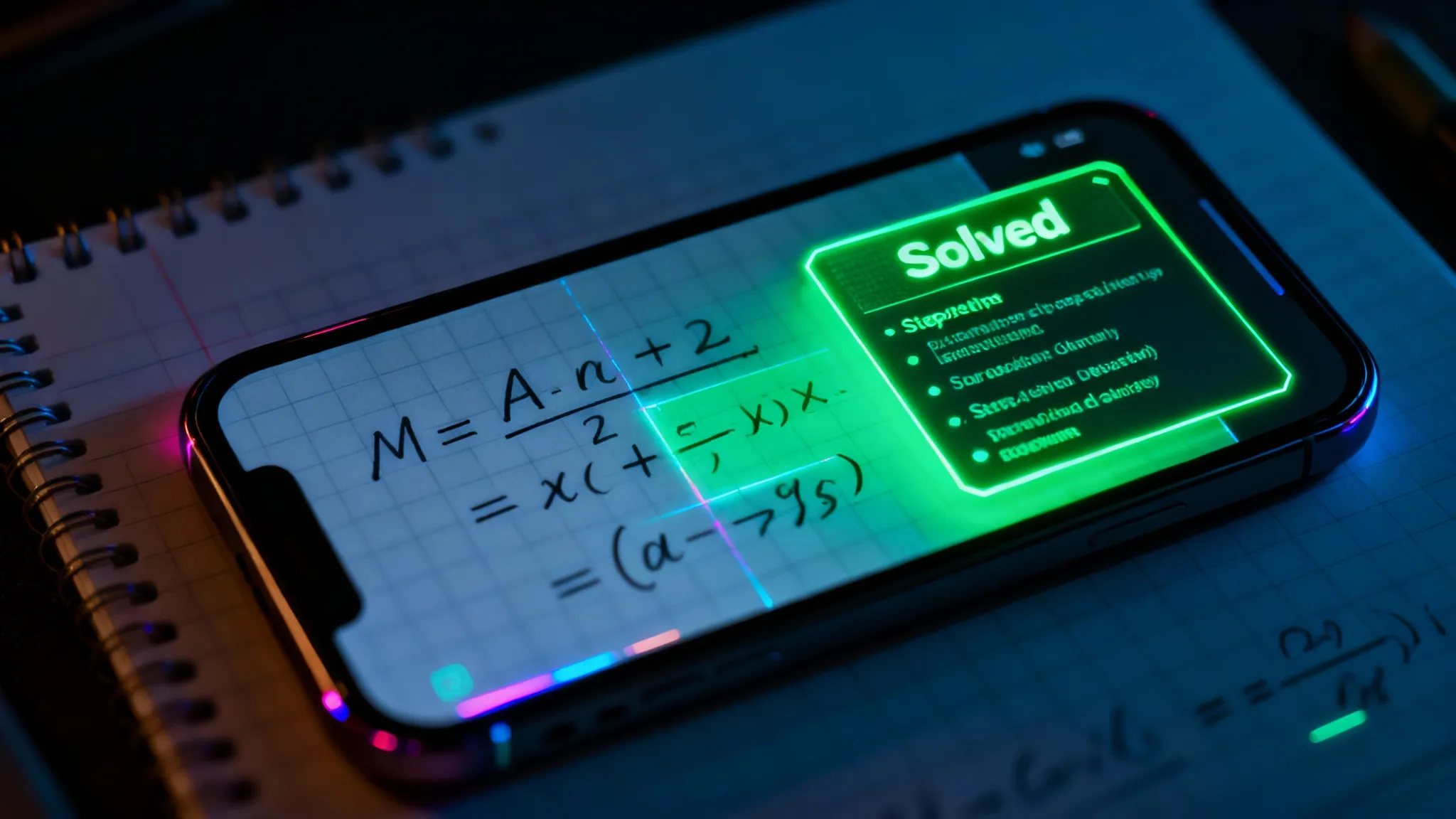 Student using a smartphone to scan a math textbook problem in a library setting