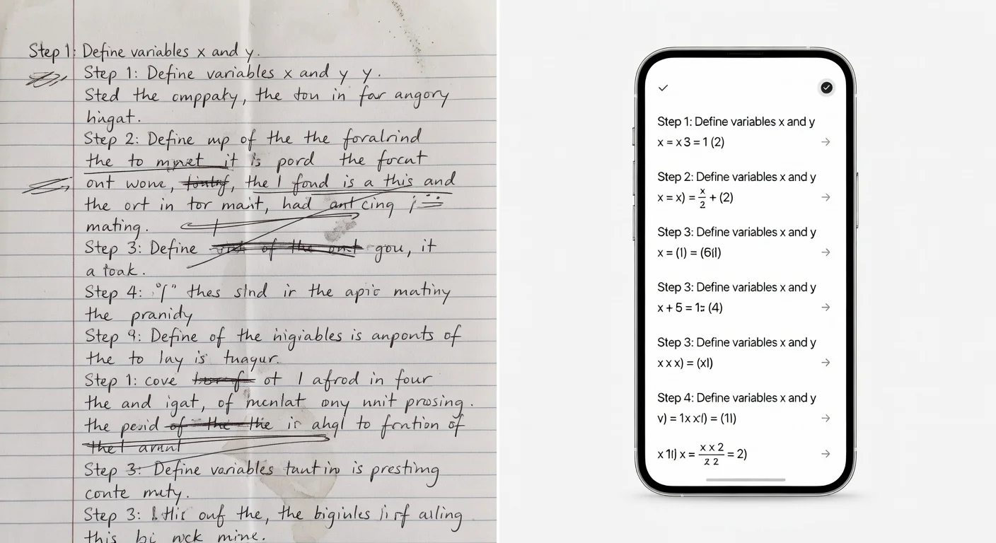 Comparison of handwritten homework versus AI-generated step-by-step solutions.