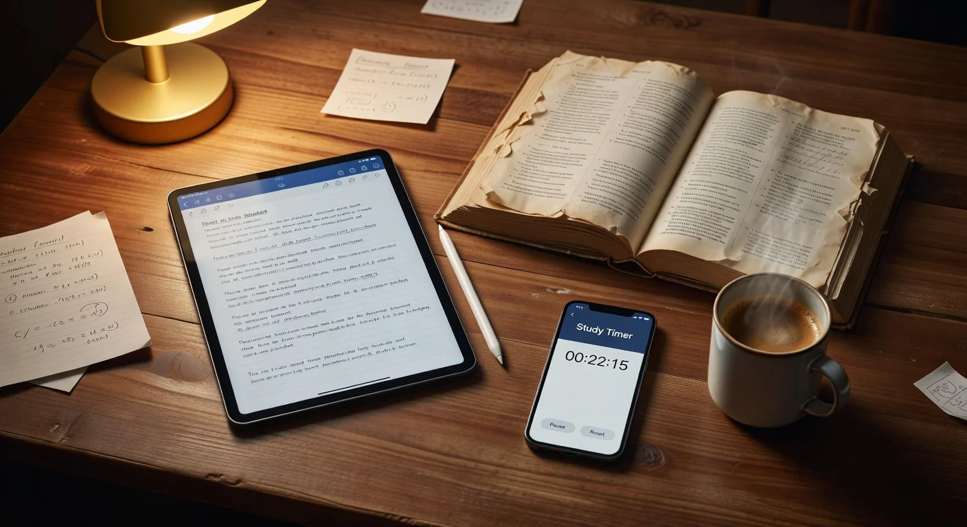 Workspace setup showing digital tablet notes and a study timer app in use.