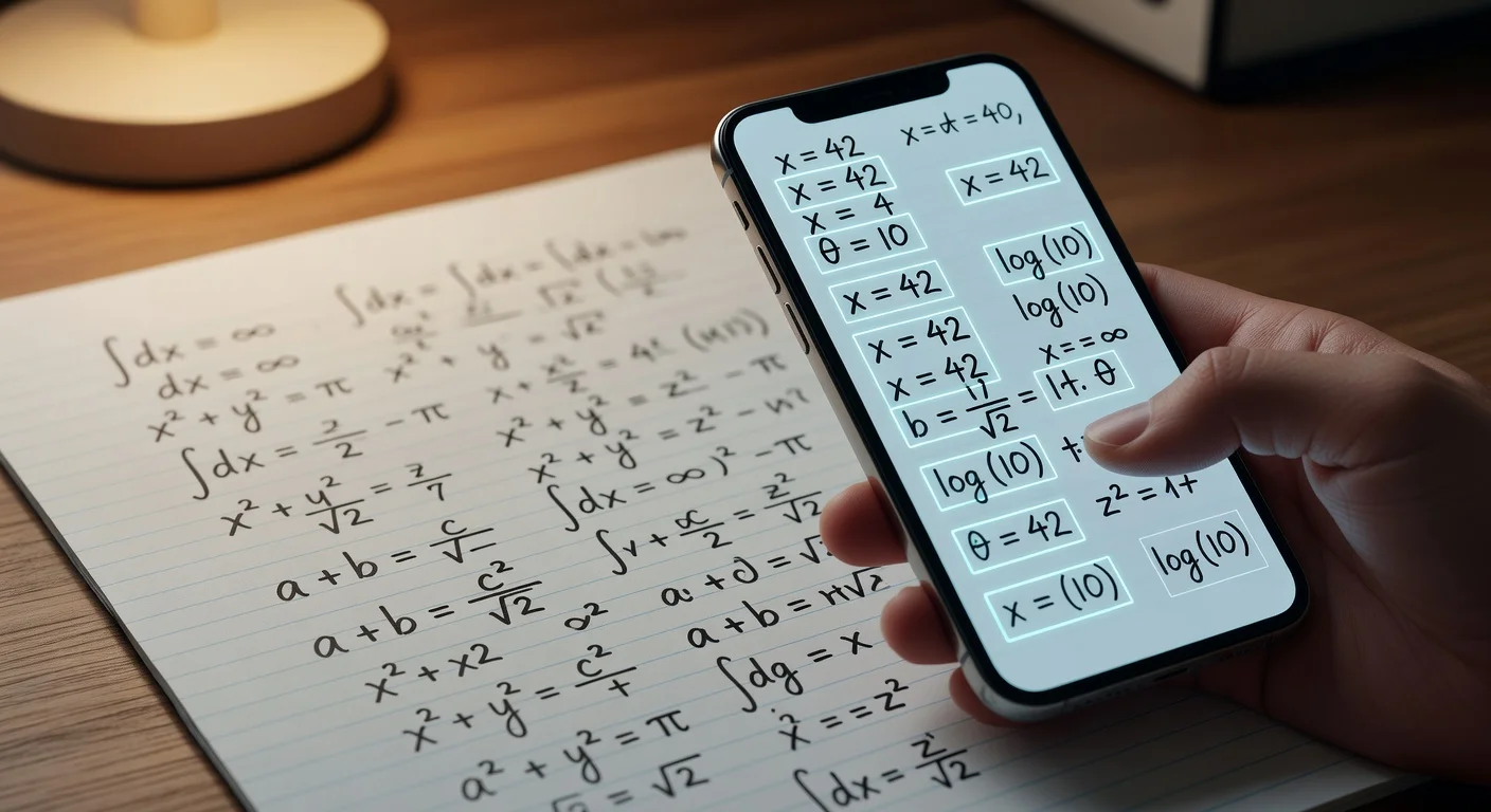 A student holding a smartphone scanning a math worksheet at a desk
