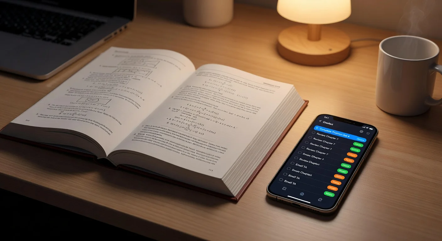 A mobile phone displaying a digital assignment tracker app on a student dorm desk.