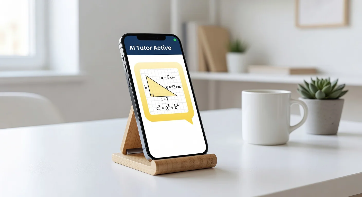 A smartphone running an AI tutoring app on a desk beside an open notebook.