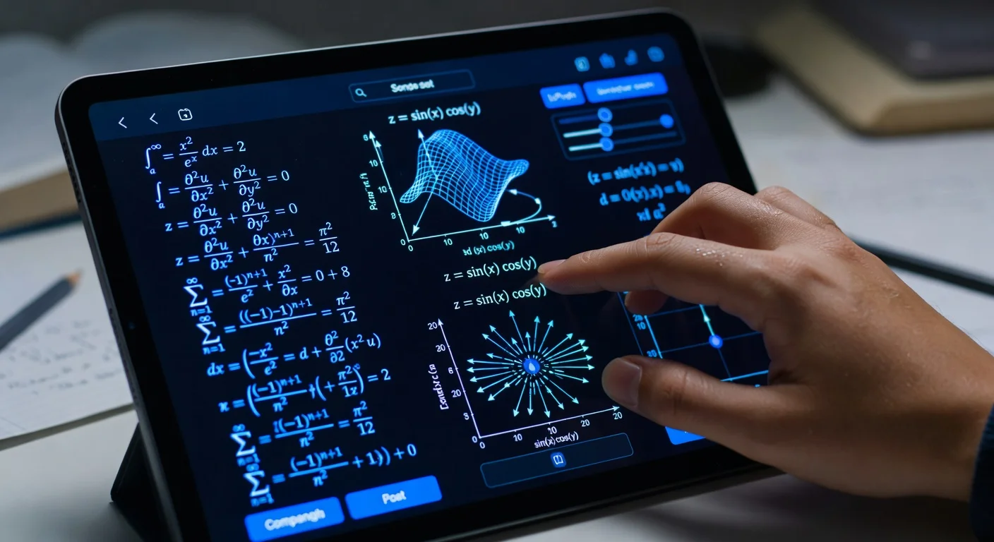 College student using a tablet app to solve complex integral calculus equations.