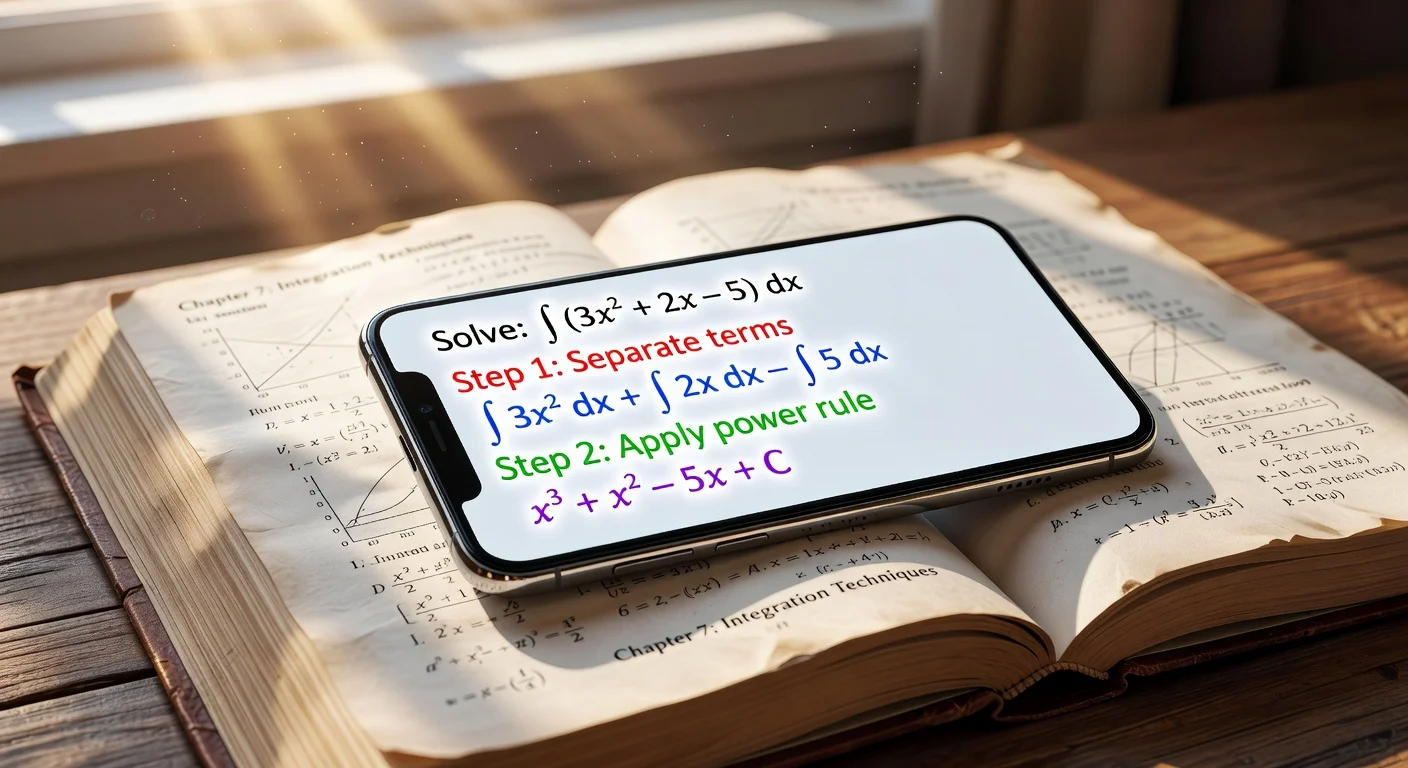 A smartphone displaying a scanned calculus problem with step-by-step solutions on a wooden desk