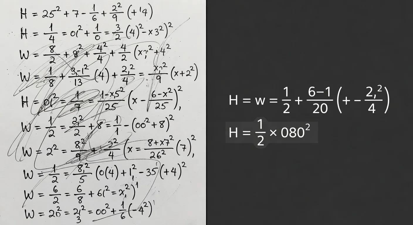Split screen showing handwritten math converted to digital text using OCR technology.