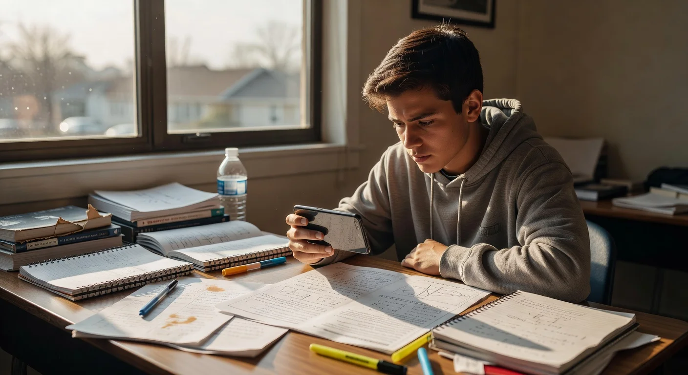 A high school student using a modern smartphone to scan a chemistry worksheet at a wooden desk