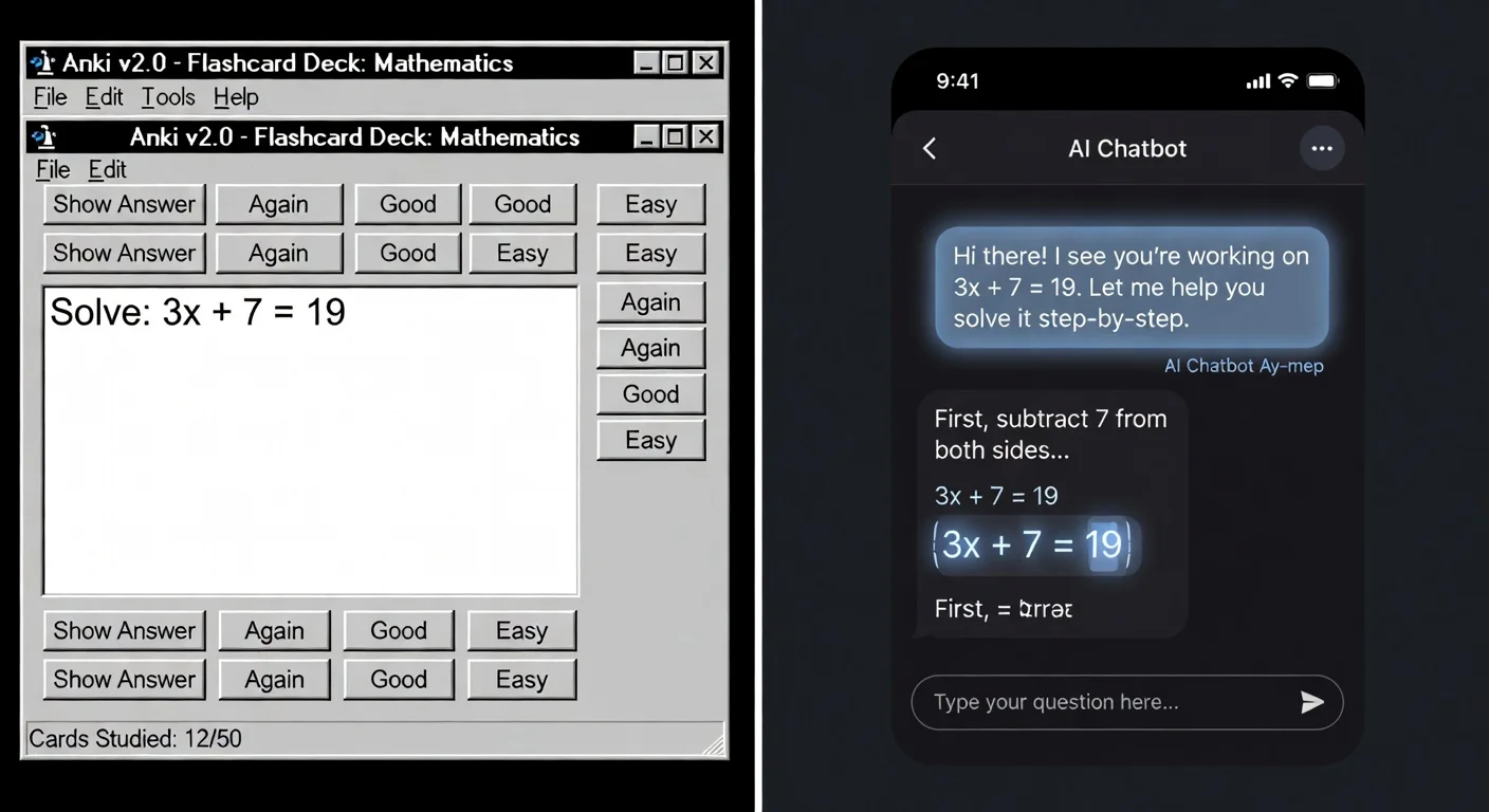 Comparison between legacy flashcard software and modern AI homework helpers.