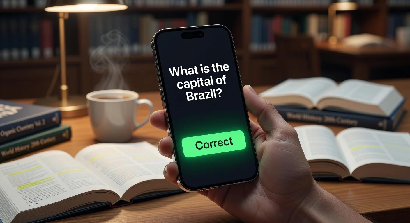 A smartphone displaying a digital flashcard app interface with a brain neural network graphic in the background