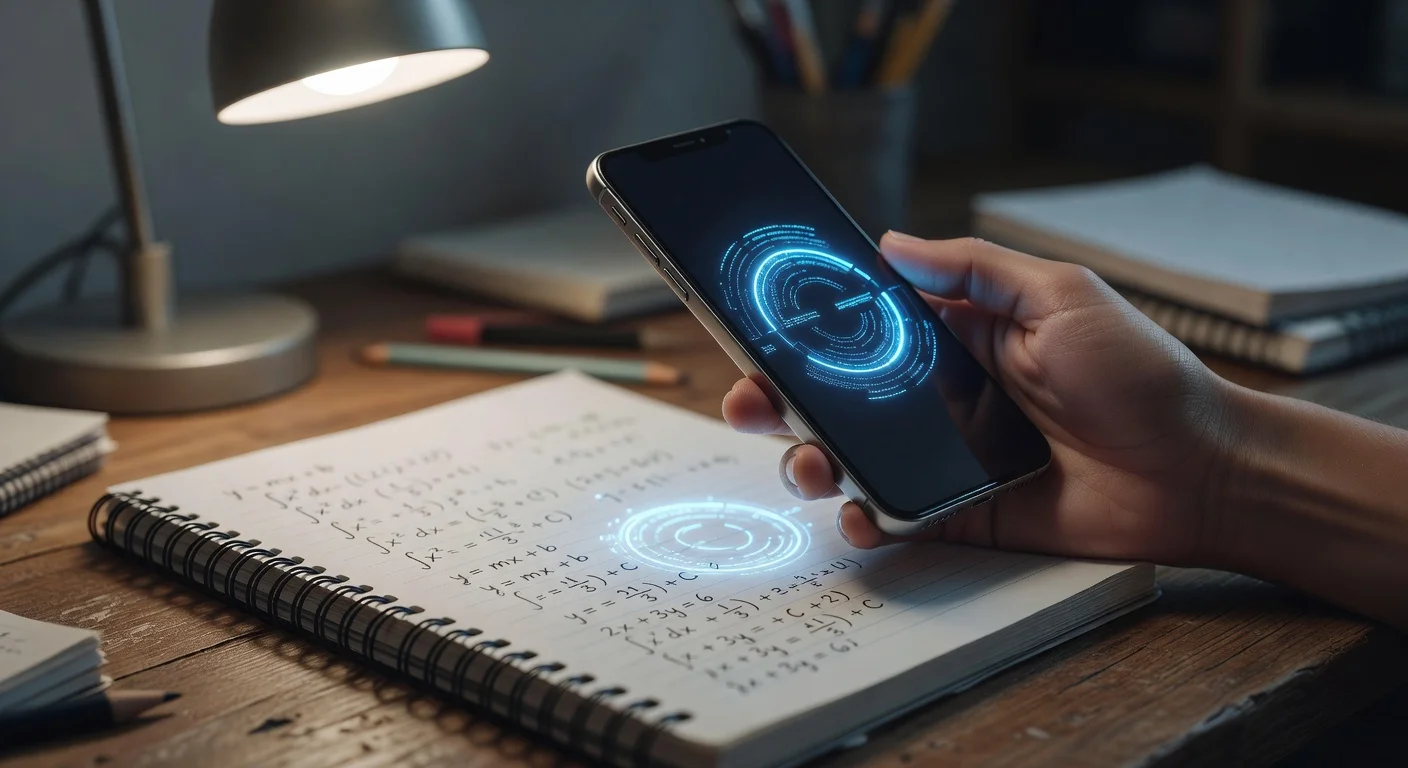 A student holding a smartphone above an open textbook to scan a math problem using a homework answers app