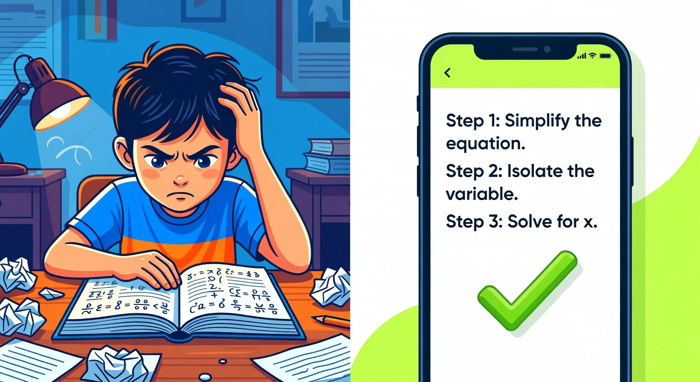 Split view of a confused student and a clear smartphone app interface solving a math problem