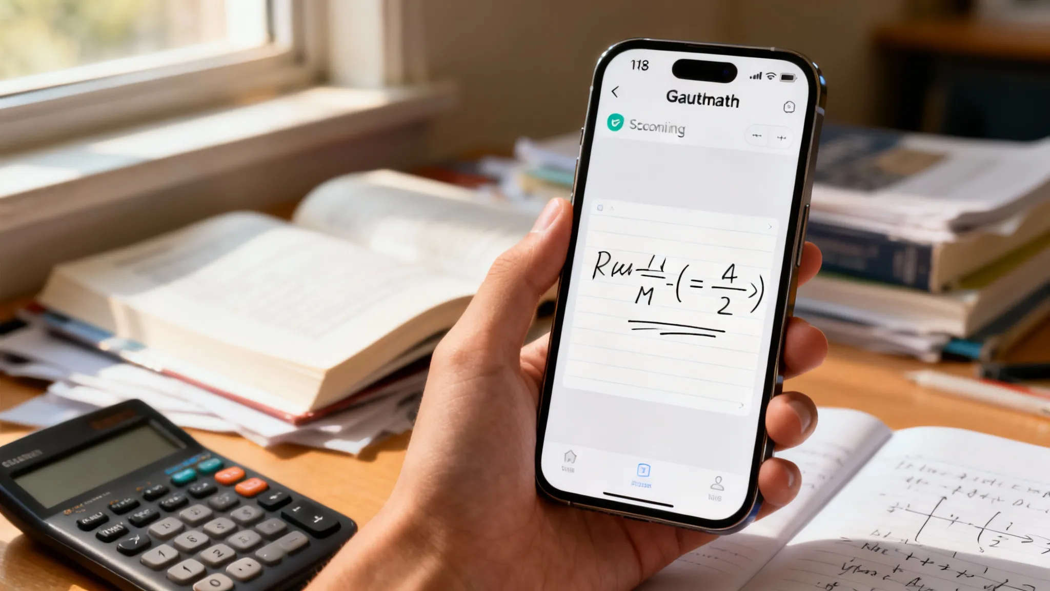 Smartphone camera scanning a complex calculus problem on a notebook with AI overlays highlighting the equation.