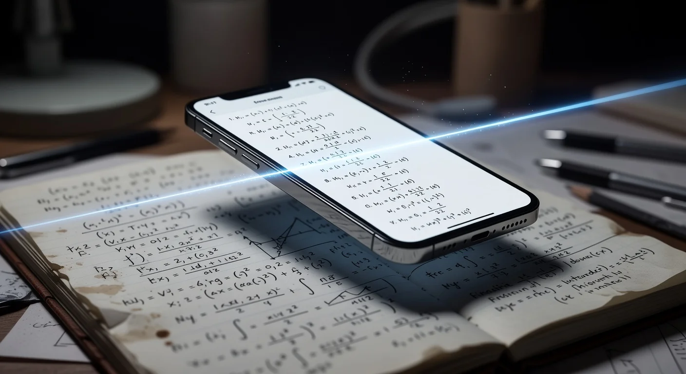 A smartphone scanning a messy calculus equation using a homework solver application.