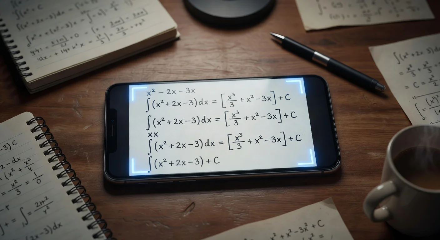 A student holding a smartphone, scanning a complex algebra homework worksheet under bright desk lighting.