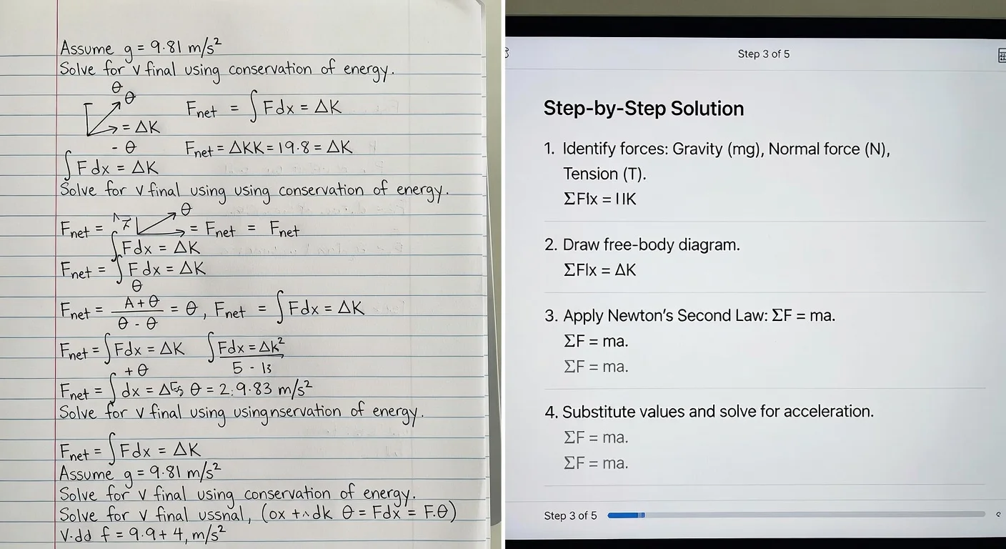 Digital interface showing step-by-step homework solutions next to a textbook problem.