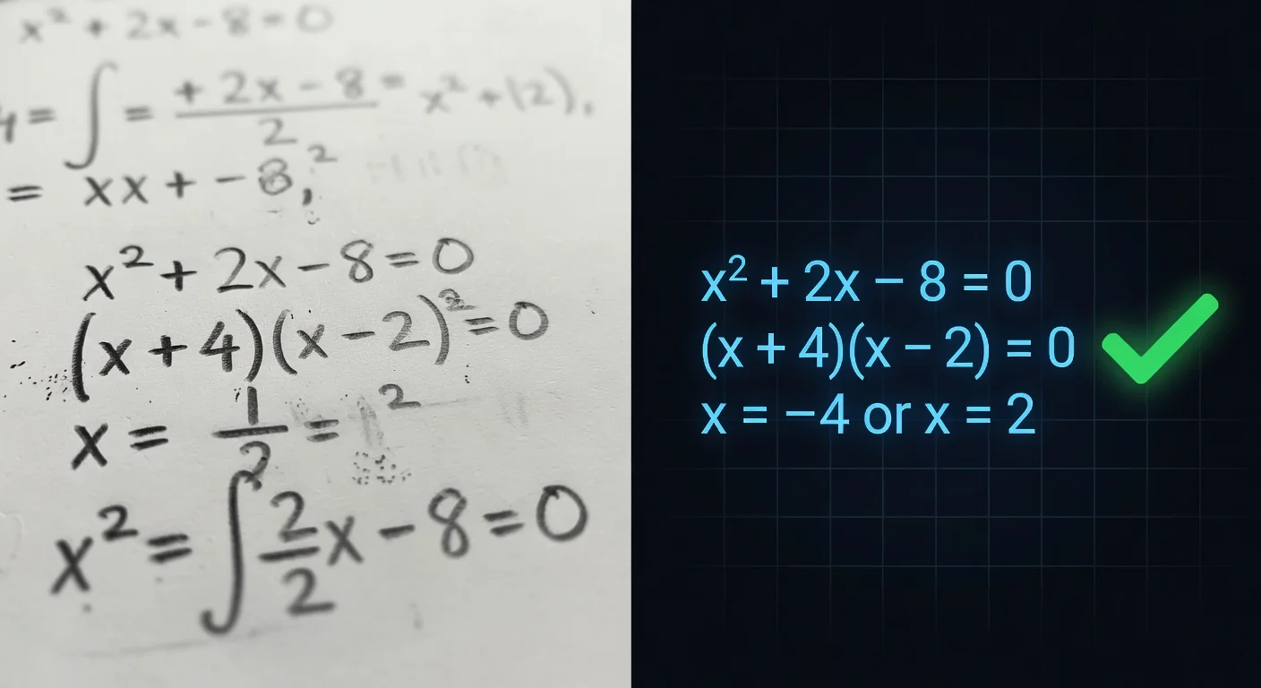 Comparison of a raw handwritten math problem and a digitized solved equation in a study app.