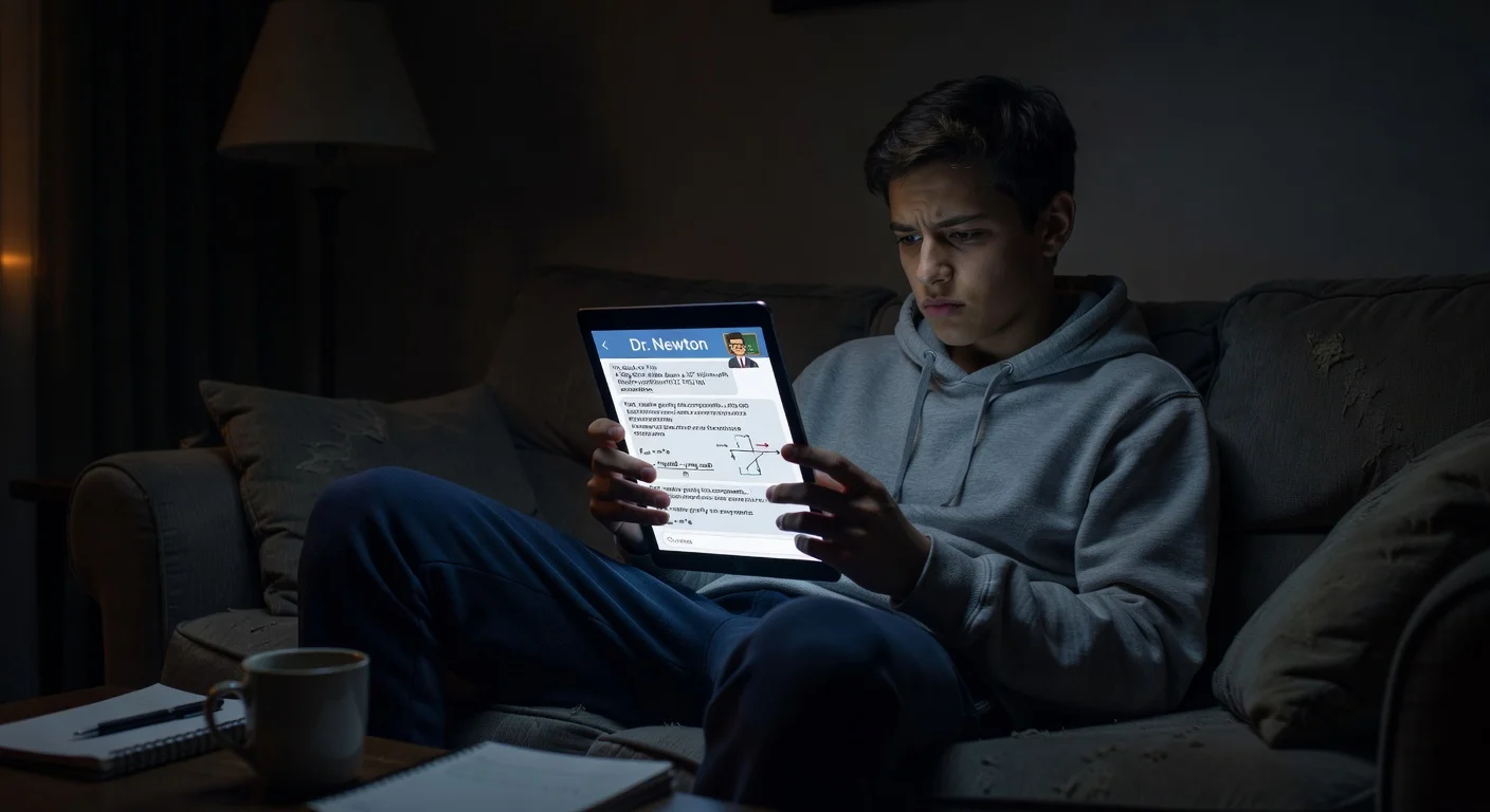 High school student studying late at night using a digital tutor app on a tablet.