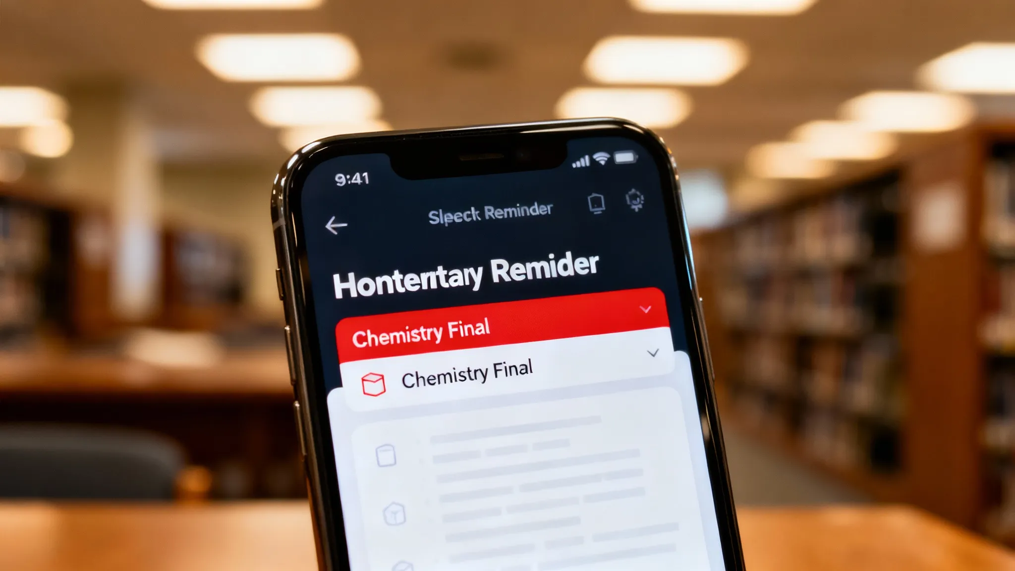 A messy student desk with a smartphone displaying a clean homework reminder notification, glowing in a dim room.