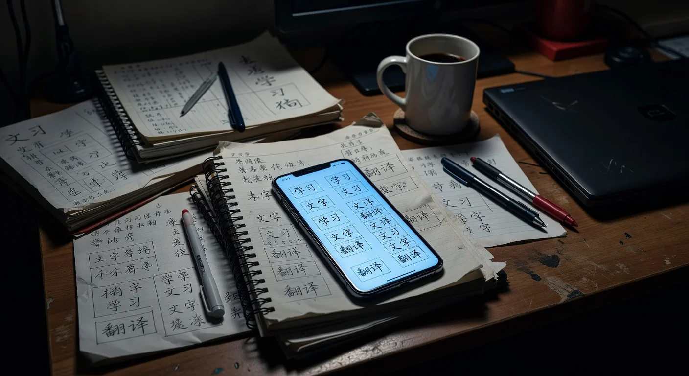 A student scanning a Chinese workbook with a smartphone screen showing character translations and grammar logic.