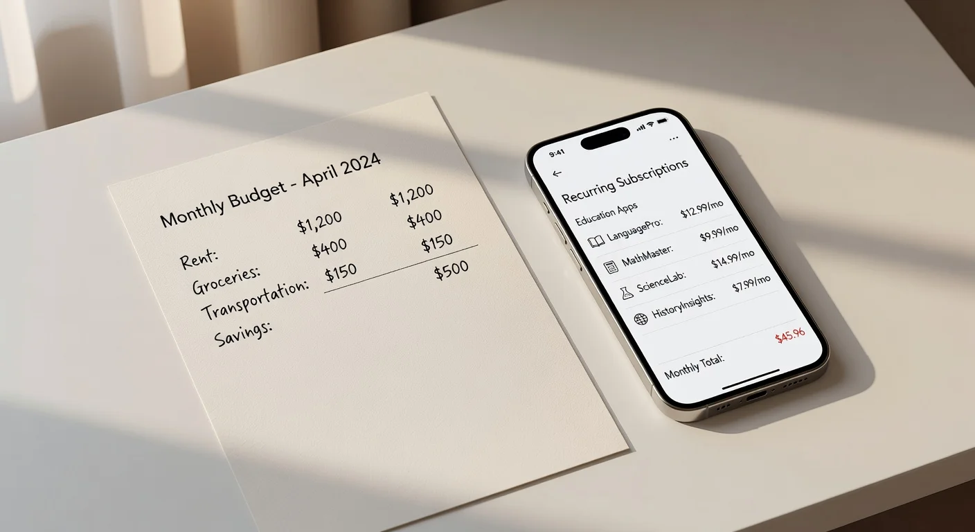 Monthly subscription costs for mobile learning apps calculated on a wooden desk.