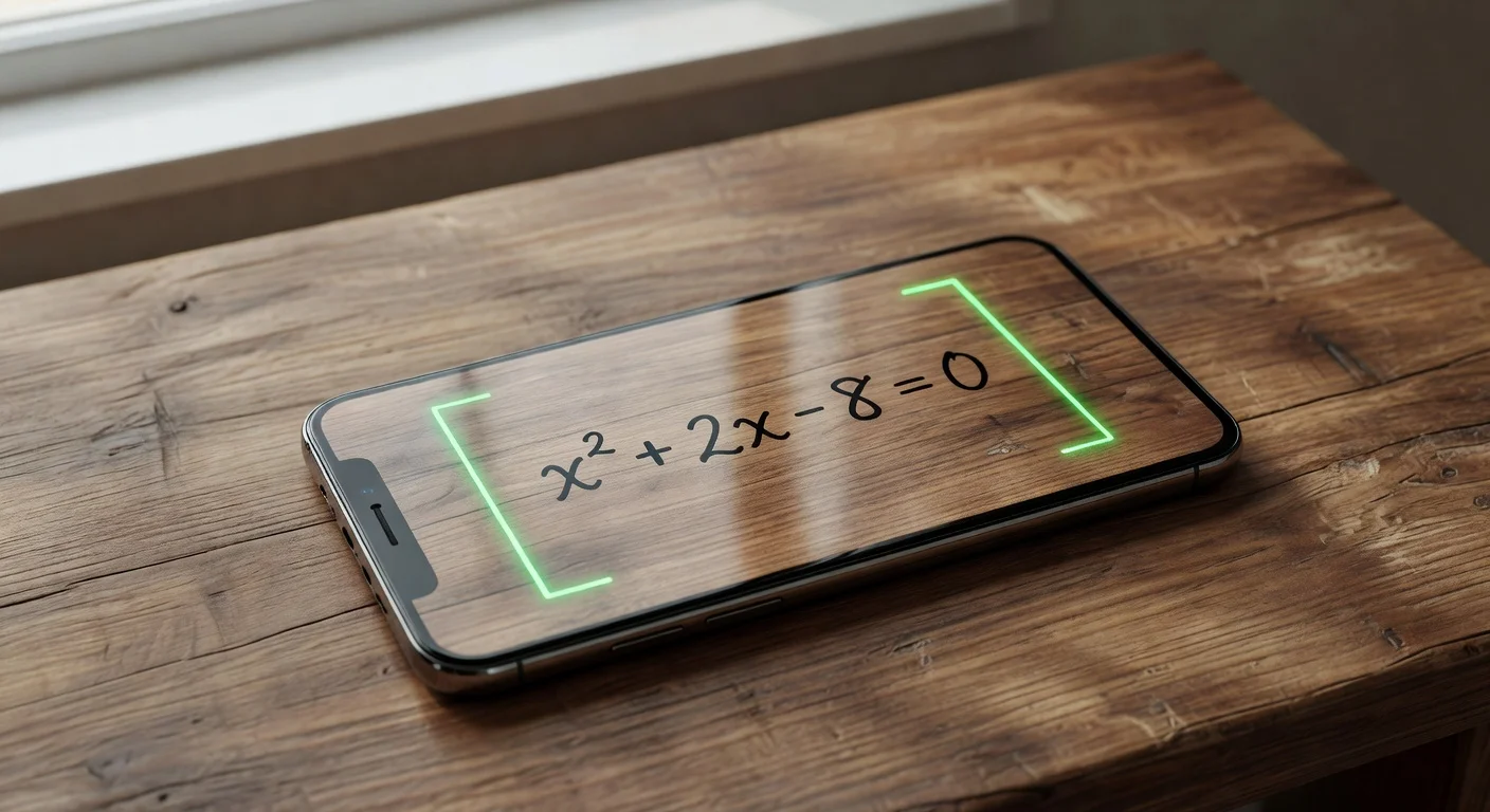 Student holding a smartphone over a notebook with complex algebraic equations