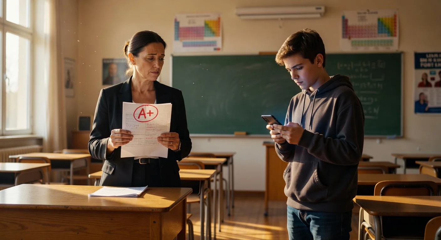 A teacher and student discussing the ethical use of homework solver apps.
