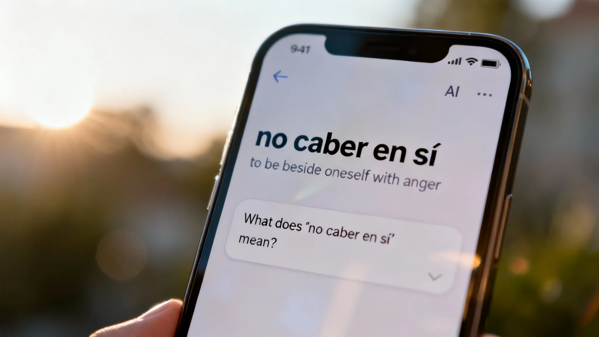 A smartphone displaying a Spanish conjugation lesson with a coffee cup on a wooden table, 2026 highly detailed style.