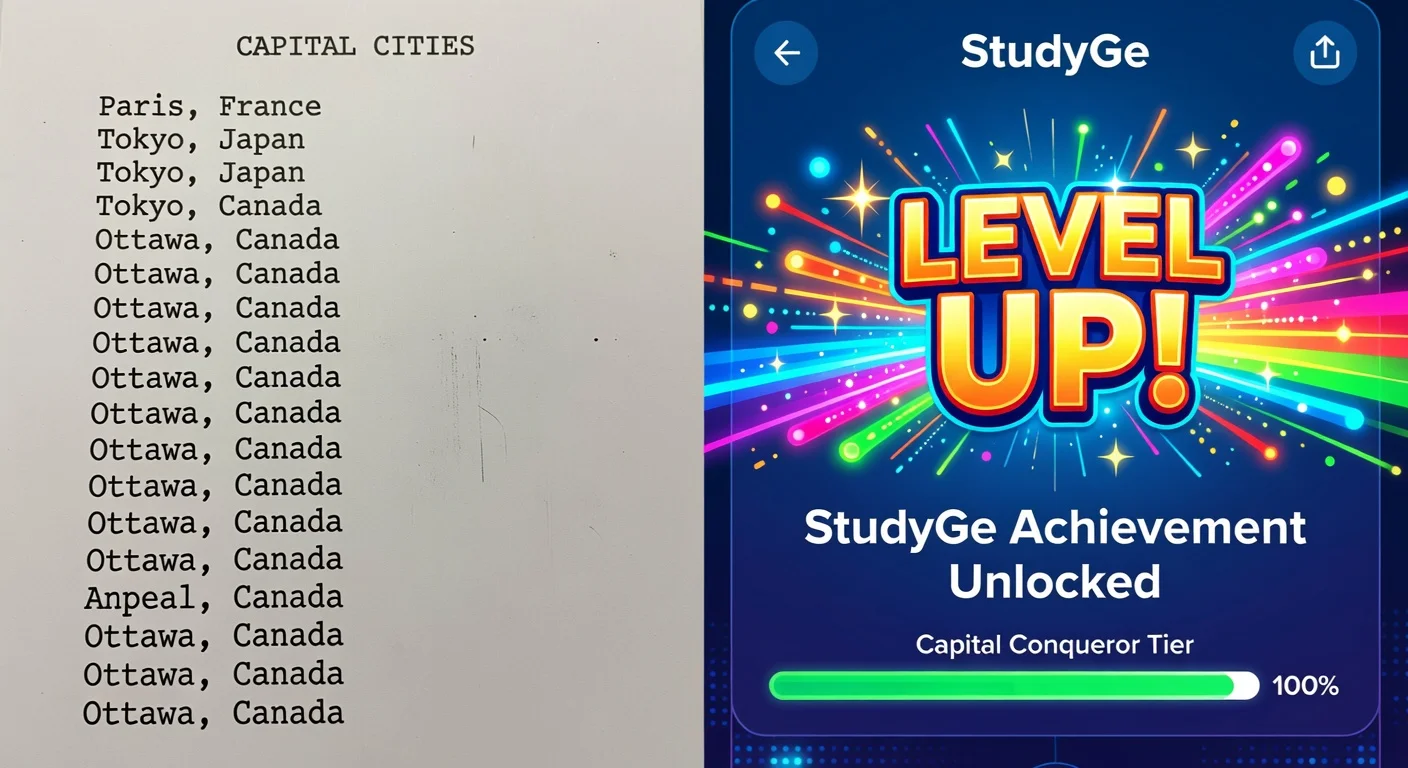 Comparison of traditional study lists versus the StudyGe gamified achievement screen.