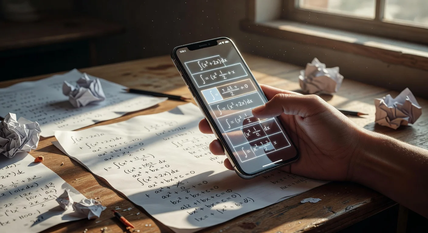A high school student holding a smartphone over an algebra textbook, using an app to scan the equations.