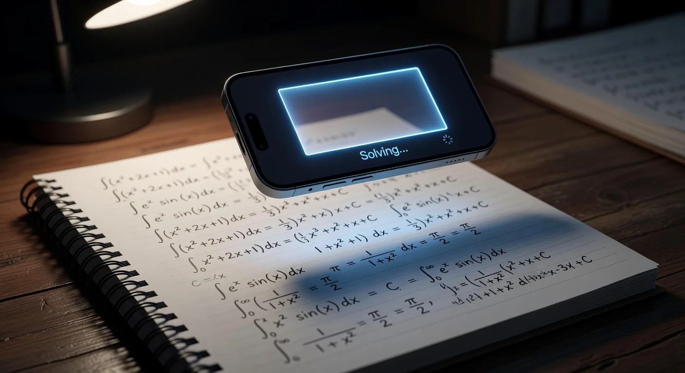 A smartphone camera scanning a handwritten calculus equation on graph paper with augmented reality overlays showing the solution.